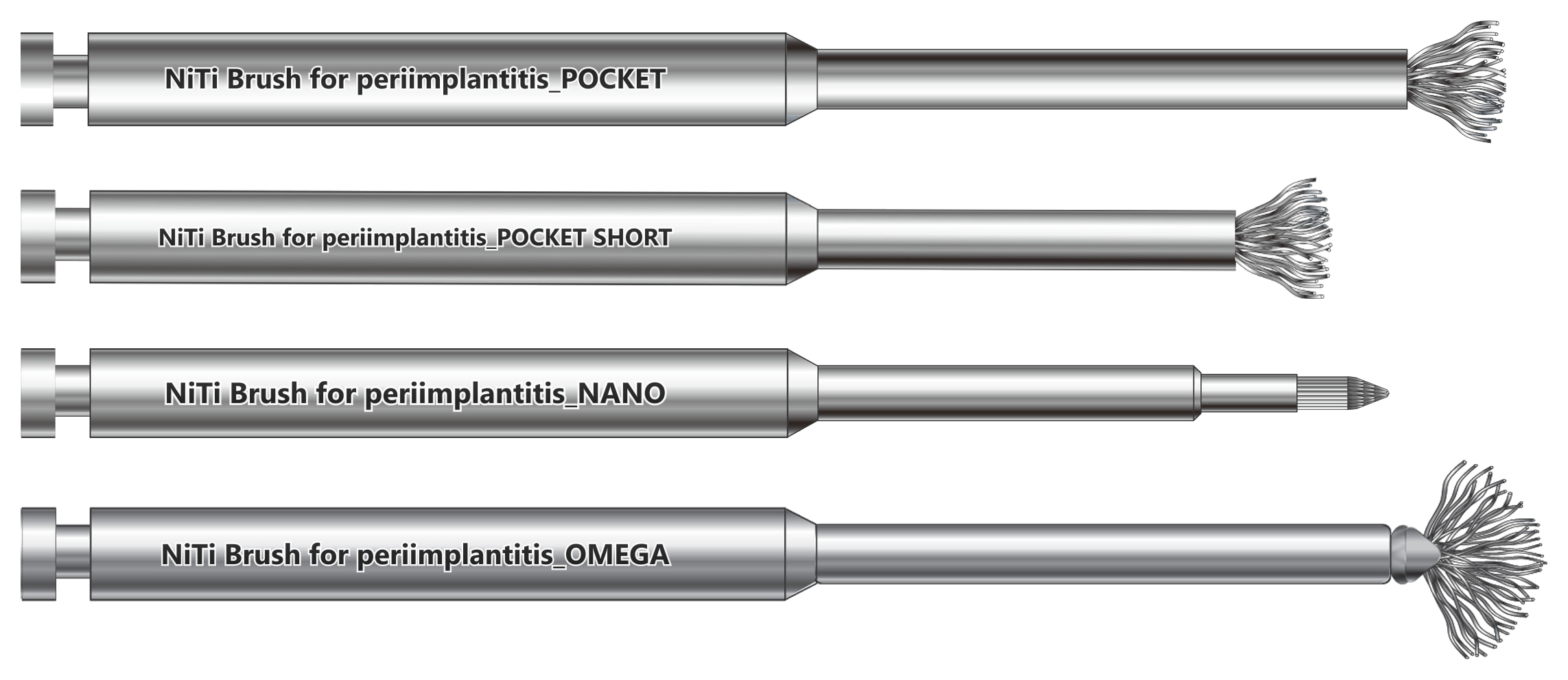 The four NiTi Brush models drawn at the same scale, each marked on the shank