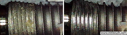 Lab test 04 — failed implant surface before and after debridement with the NiTi Brush
