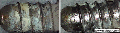 Lab test 06 — failed implant surface before and after debridement with the NiTi Brush