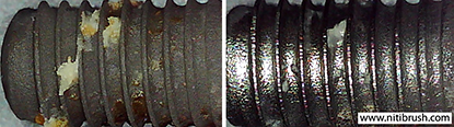 Lab test 10 — failed implant surface before and after debridement with the NiTi Brush