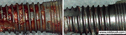 Lab test 11 — failed implant surface before and after debridement with the NiTi Brush