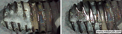 Lab test 16 — failed implant surface before and after debridement with the NiTi Brush